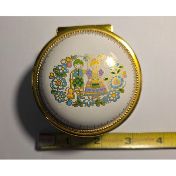 Vtg Round Enamel Brass Trinket music Box Folk Art made in Japan cottagecore - Picture 6 of 6